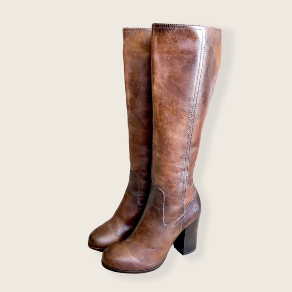Frye Parker Tall Brown Leather Knee Length Vintage Heeled Round Toe Riding Boots - Picture 7 of 15